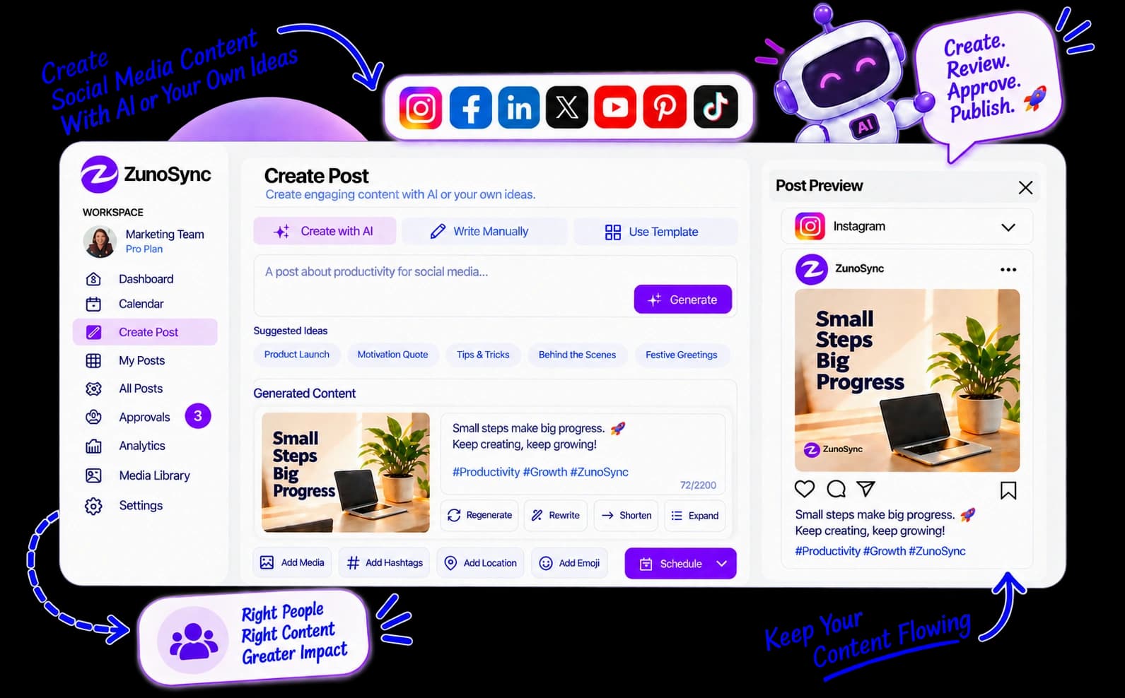 Create Social Media Content With AI or Your Own Ideas - ZunoSync AI Composer